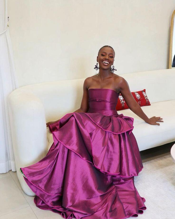 Charming Fuchsia Satin Layered Long Evening Dress Strapless Long Wedding Guest Dress D4593