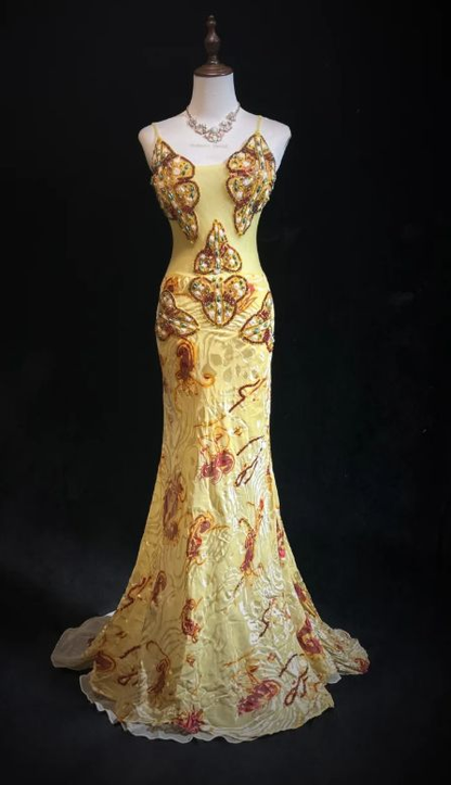 Gorgeous Yellow Spaghetti Straps Satin Beaded Mermaid Party Dress Long Prom Gown D1322