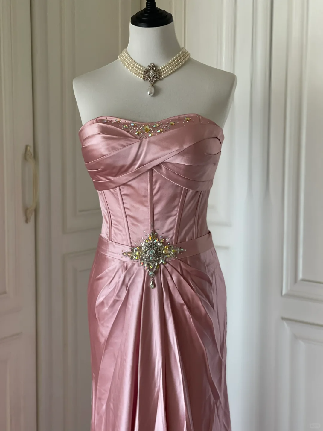 Fashion Strapless Satin Pleated Beaded Mermaid Party Gown,Pink Long Evening Dress D3109