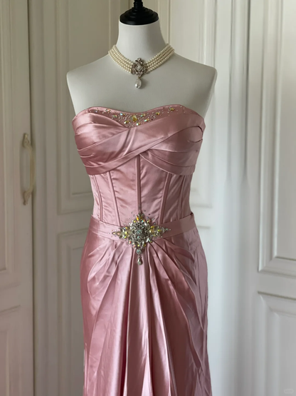 Fashion Strapless Satin Pleated Beaded Mermaid Party Gown,Pink Long Evening Dress D3109