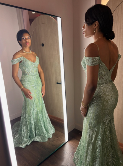 Sexy Off The Shoulder Mint Green Tulle Sequin Mermaid Evening Dress Long Party Gown D1501