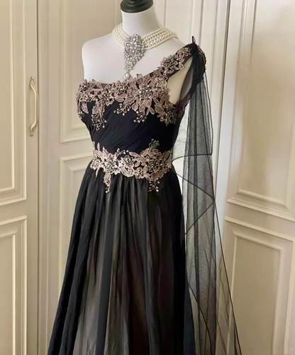 Vintage Black Tulle Appliques Beaded Mermaid Evening Dress,One Shoulder Long Wedding Guest Dress D3092