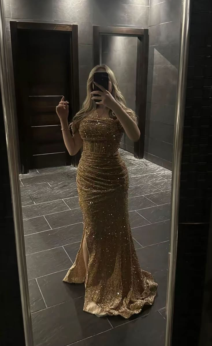 Sparkly Champagne Sequin Pleated Mermaid Party Dress Champagne Slit Prom Dress D4999