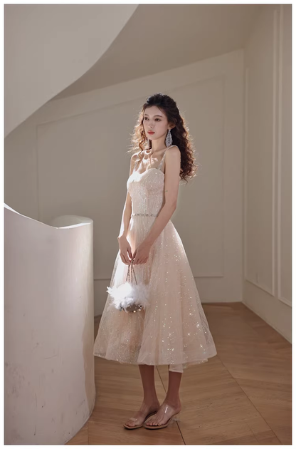 Elegant Light Champagne Tulle Sequin Beaded A Line Mid Length Birthday Prom Dress Evening Gown D2443