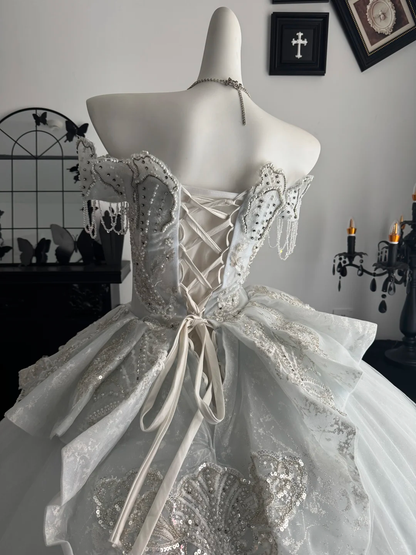 Glamorous Ice Blue Off The Shoulder Tulle Beaded Wedding Dress Formal Bridal Dress D3716