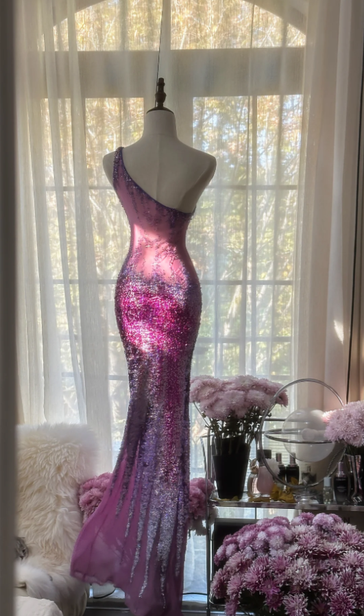 Glamorous Ombre Purple One Shoulder Chiffon Sequin Beaded Mermaid Long Evening Dress Birthday Party Dress D2096