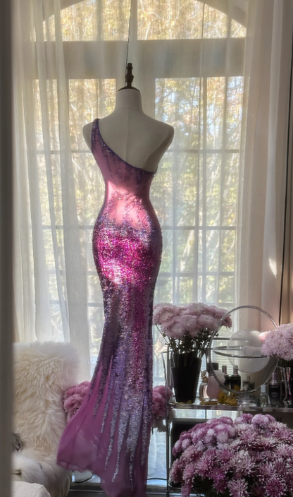 Glamorous Ombre Purple One Shoulder Chiffon Sequin Beaded Mermaid Long Evening Dress Birthday Party Dress D2096