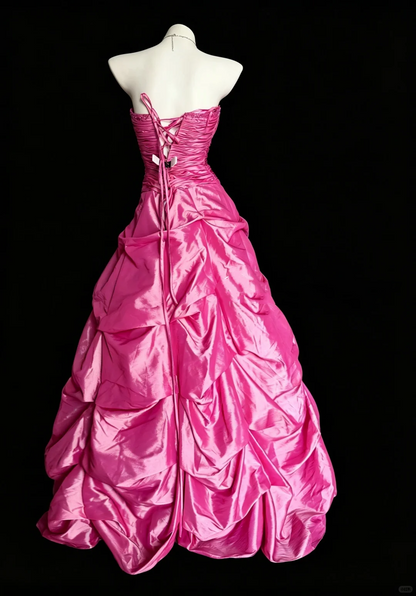 Elegant Strapless Pink Satin Pleated Beaded Long Prom Dress Evening Dress D5223