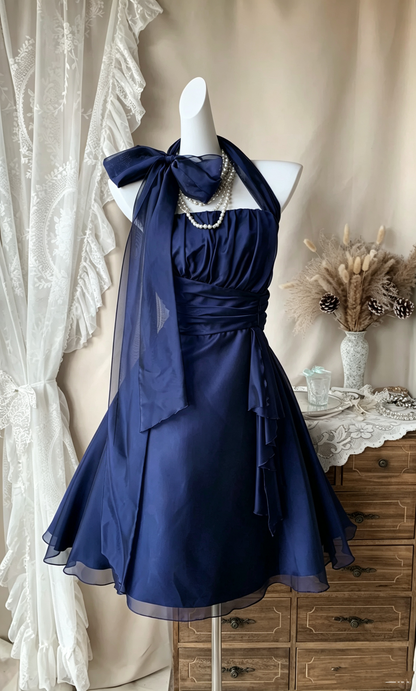 Fashion Bow Halter Navy Blue Satin Chiffon Short Birthday Outfits,Short Prom Dress D4079