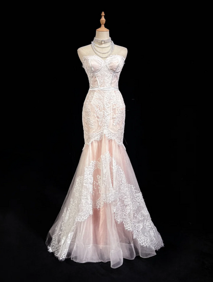 Pretty Strapless Light Pink Tulle Lace Appliques Mermaid Long Evening Dress Formal Wedding Guest Dress D2075
