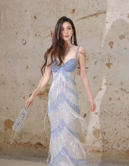 Glitter Spaghetti Straps Sequin Beaded Mermaid Long Evening Dress Birthday Prom Dress With Tassel D2407