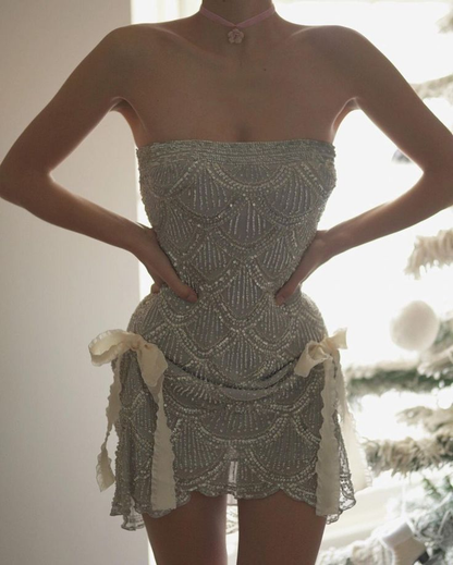 Vintage Strapless Sequin Beaded Cocktail Dress Champagne Sheath Grade Homecoming Dress Birthday Outfits S355