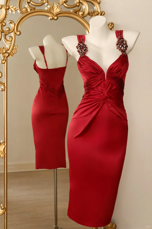 Fashion Red Satin Pleated Sheath Midi Prom Dress Party Gown With Beads D2711