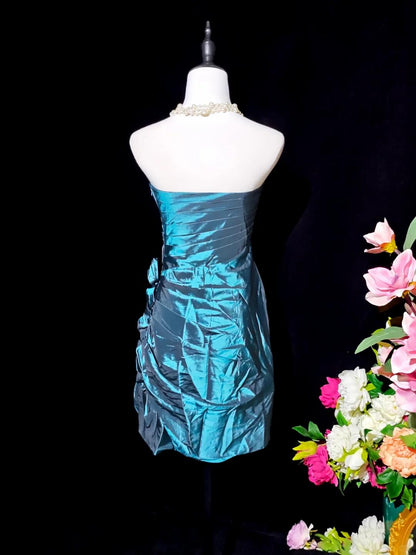 Vintage Strapless Satin Pleated Floral Short 7th Grade Homecoming Dress,Blue Sheath Mini Cocktail Dress D3153