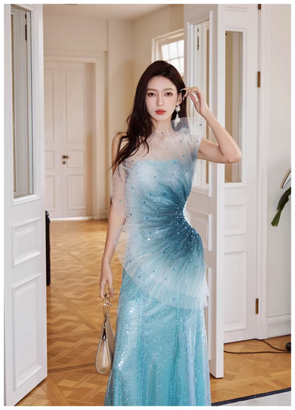 Glamorous Blue Tulle Sequin Mermaid Long Evening Dress Formal 19th Birthday Outfits With Beads D2400