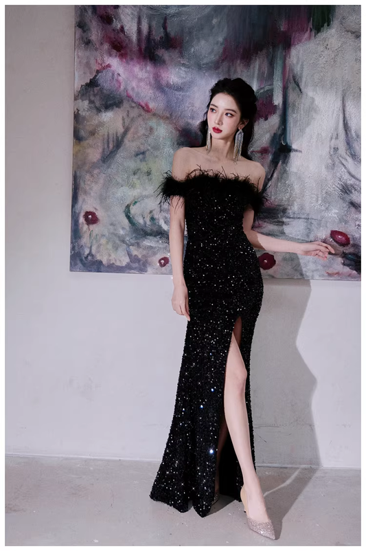 Glamorous Feathers Strapless Black Sequin Slit Mermaid Evening Dress Long Birthday Party Dress D2455