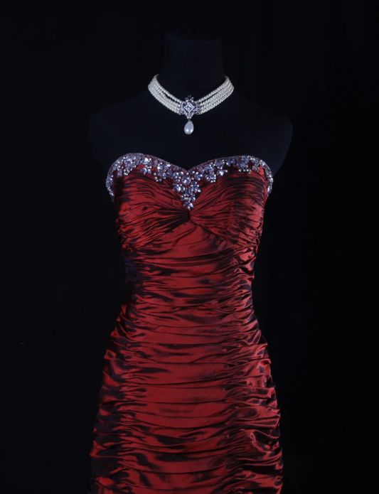 Vintage Strapless Burgundy Satin Pleated Mermaid Long Party Dress Prom Gown With Beads D2224