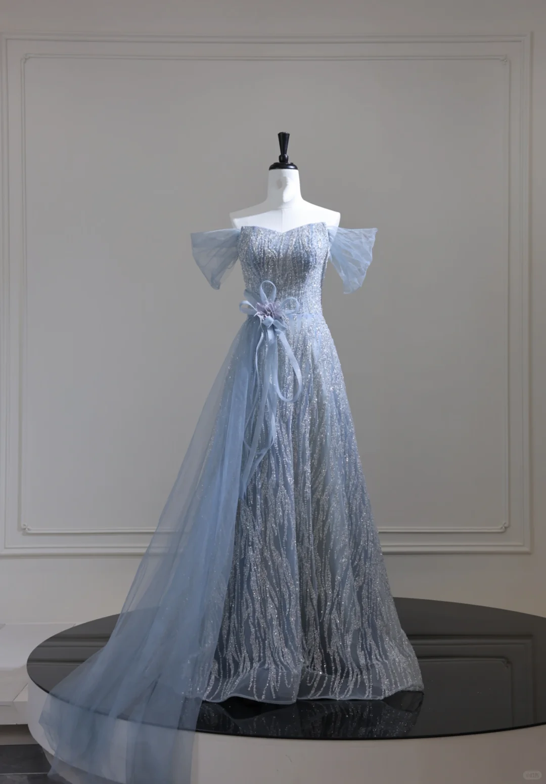 Shiny Blue Tulle Sequin Beaded Long Evening Dress, Off The Shoulder Birthday Prom Dress D3128