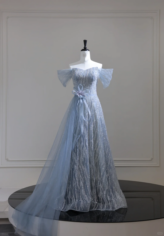 Shiny Blue Tulle Sequin Beaded Long Evening Dress, Off The Shoulder Birthday Prom Dress D3128
