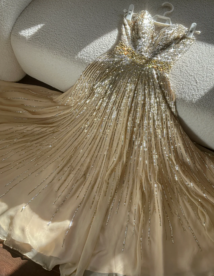Sparkly Champagne Strapless Chiffon Sequin Beaded Mermaid Evening Dress Long Birthday Party Dress D2077
