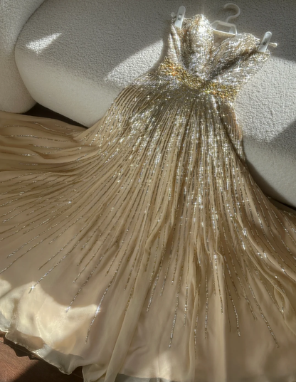 Sparkly Champagne Strapless Chiffon Sequin Beaded Mermaid Evening Dress Long Birthday Party Dress D2077