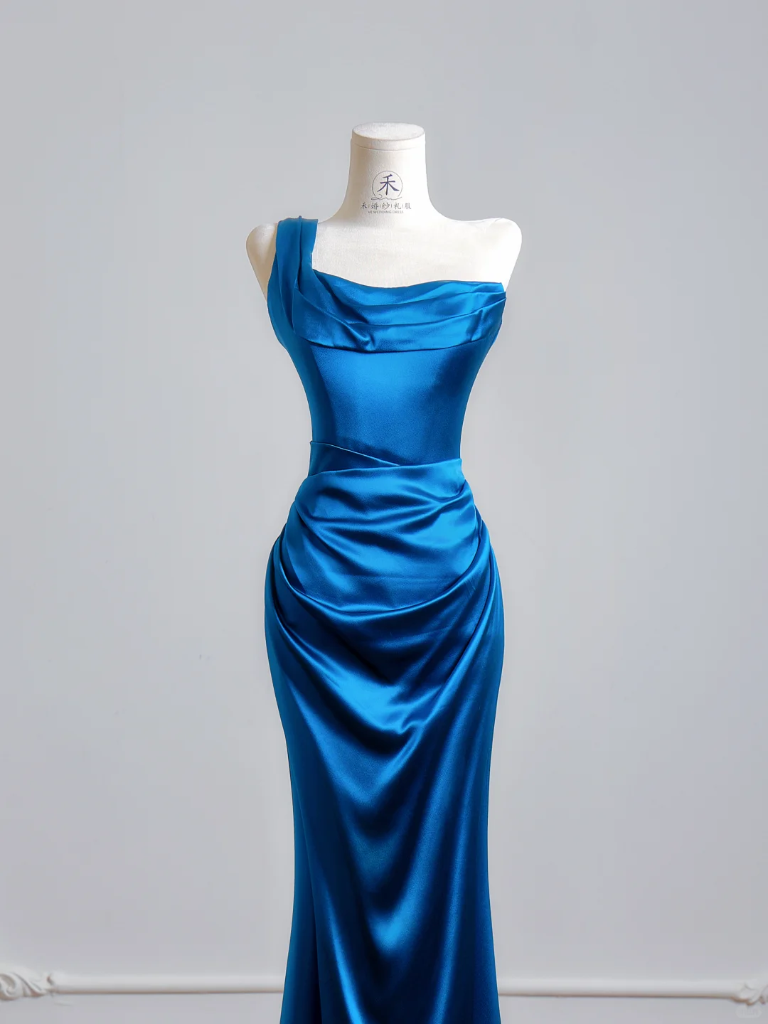 Elegant One Shoulder Satin Mermaid Evening Dress Prom Gowns Blue Long Wedding Guest Dress D2503