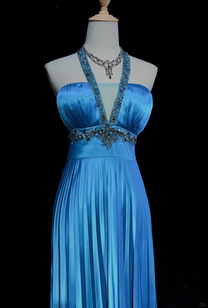 Sexy Halter Blue Satin Beaded A Line Short Homecoming Dress Birthday Dress D3364