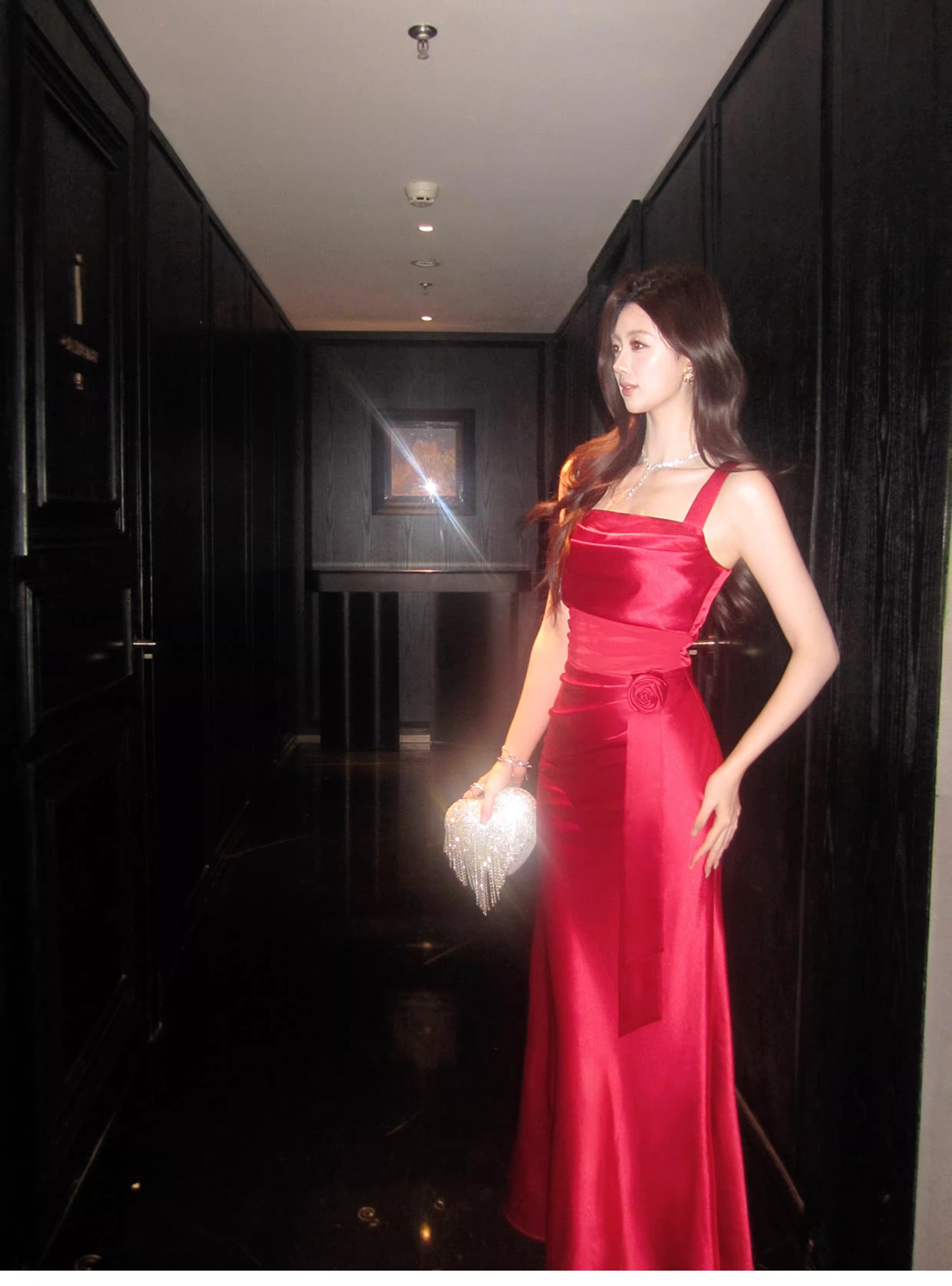 Pretty Red Spaghetti Straps Satin Pleated Mermaid Long Wedding Guest Dress Formal Evening Dress D2180