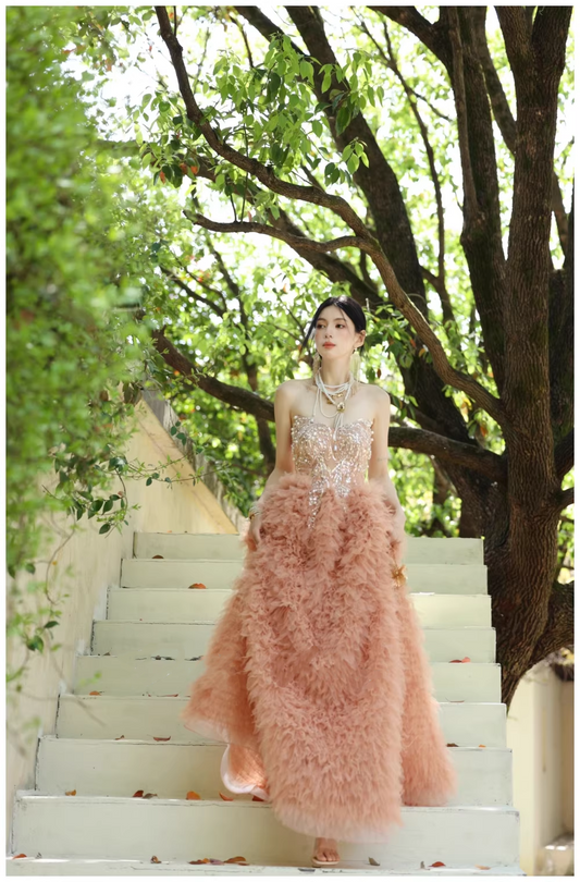 Gorgeous Strapless Pink Tulle Beaded A Line Birthday Prom Dress Evening Dresses D2423