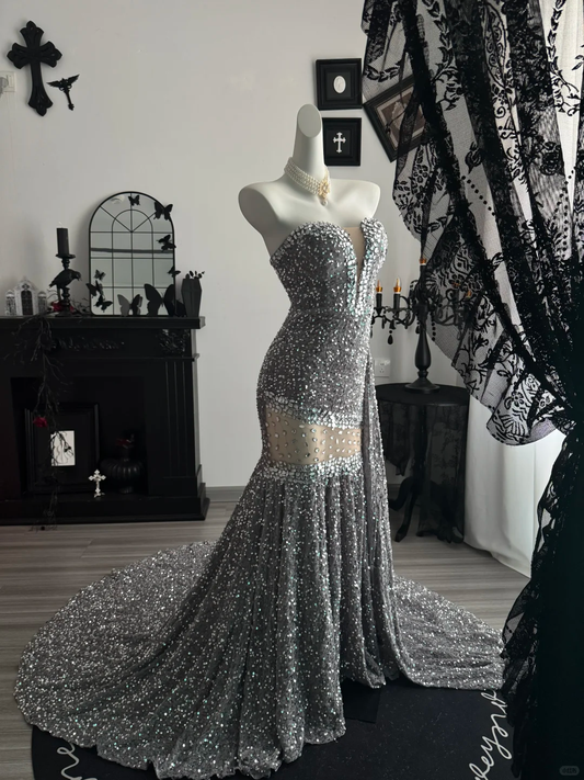 Sparkly Strapless Velvet Sequin Rhinestones Mermaid Long Party Dress,Gray Birthday Evening Dress D3710