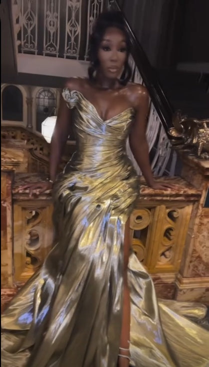 Pretty Strapless Satin Pleated Olive Green Mermaid Slit Long Party Dress Evening Gowns D5135