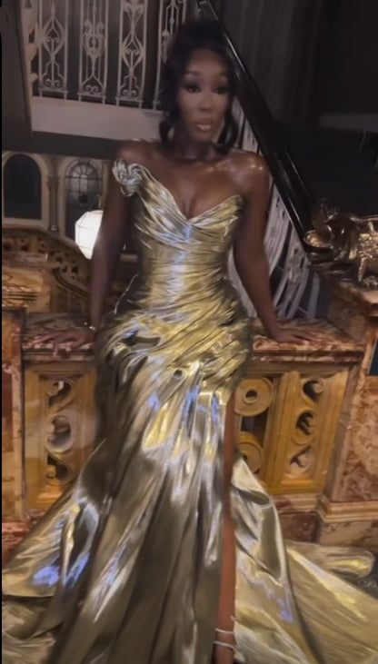 Pretty Strapless Satin Pleated Olive Green Mermaid Slit Long Party Dress Evening Gowns D5135