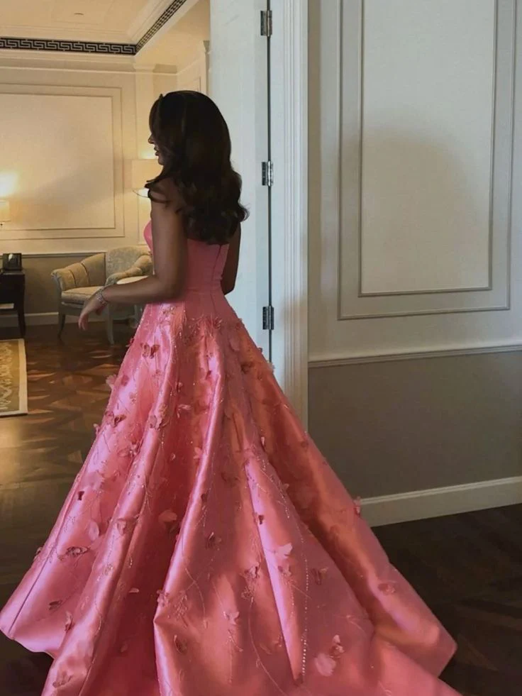 Gorgeous Pink Sweetheart Neck Satin Sequin Appliques Long Prom Dress Birthday Party Dress D1212