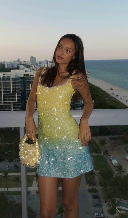 Glitter Ombre Green Sequin Beaded Short Homecoming Dress Birthday Outfits D4638