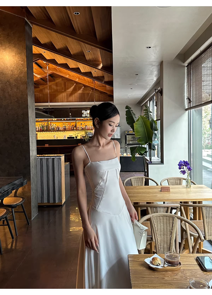 Classy Spaghetti Straps White Satin A Line Long Birthday Evening Dress Formal Wedding Guest Dress D2128