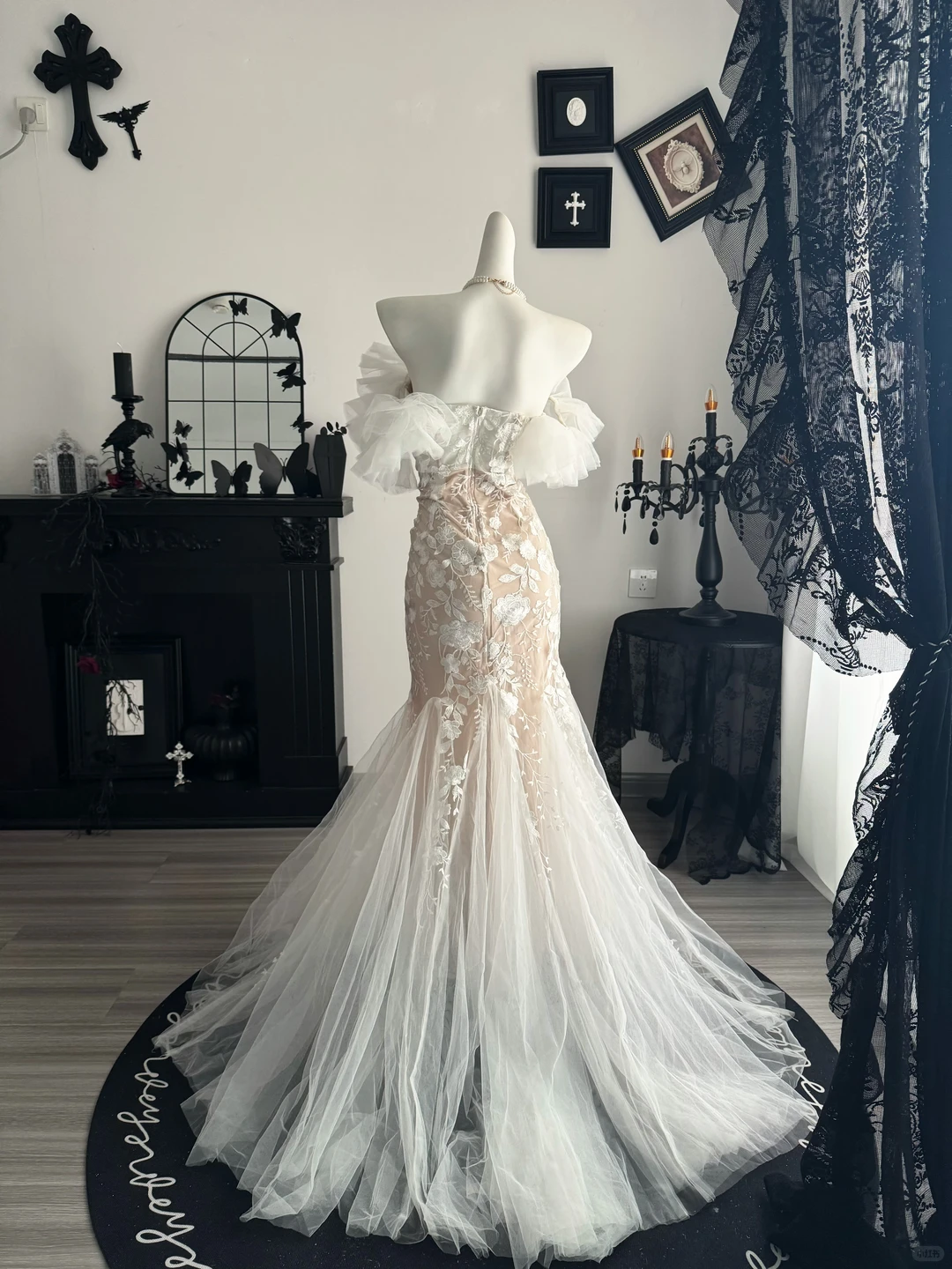 Classy Champagne Off The Shoulder Tulle Floral Mermaid Long Party Dress Evening Gown D3717