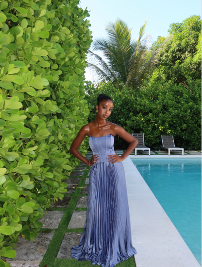 Stylish Strapless Blue Satin Pleated A Line Long Party Dress Birthday Prom Dress Gown D4973