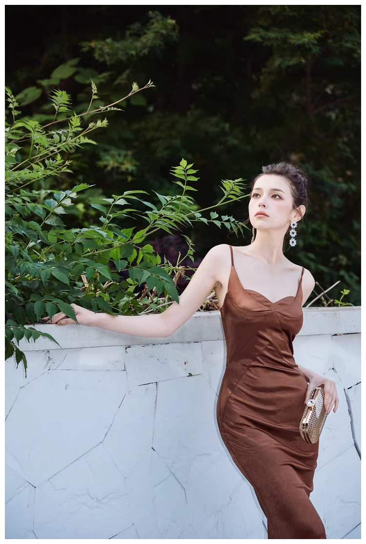 Stylish Spaghetti Straps Brown Satin Mermaid Long Evening Dress Formal Wedding Guest Dress D2449
