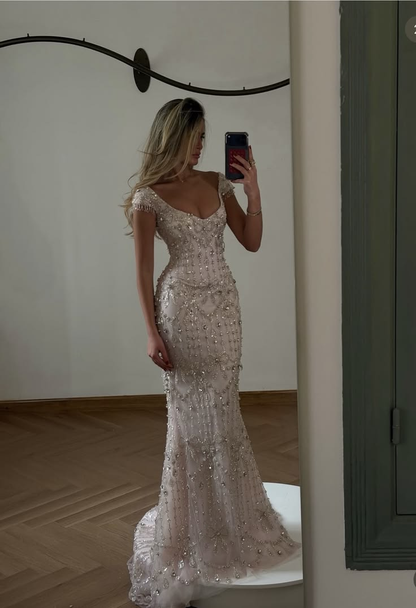 Gorgeous Pink V Neck Tulle Beaded Mermaid Long Prom Dress Evening Dress D2910
