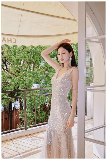 Glitter V Neck Champagne Silver Sequin Tulle Mermaid Long Evening Dress Party Gown D2399