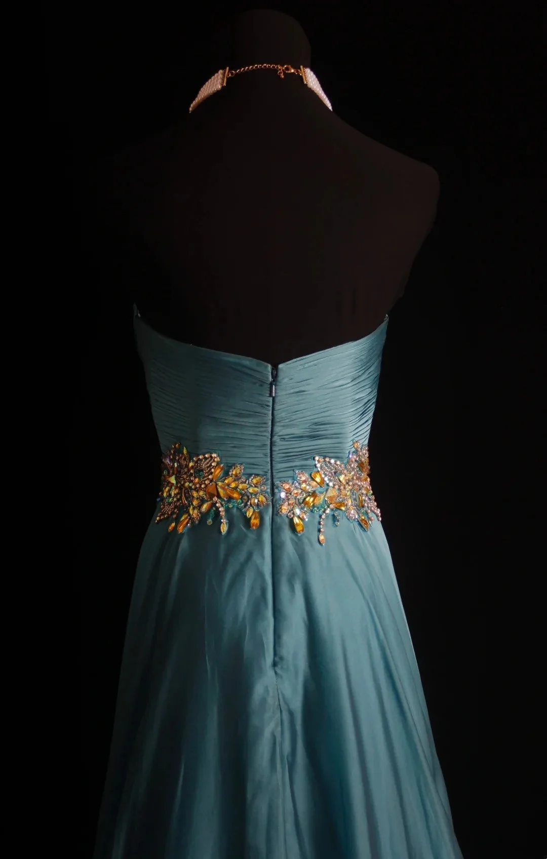 Retro Sweetheart Neck Satin Chiffon Beaded Long Wedding Guest Dress Blue Long Evening Dress D4565