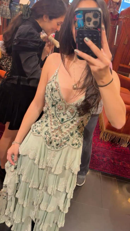 Classy Mint Green Chiffon Sequin Beaded Layered A Line Long Party Dress,Spaghetti Straps Prom Dress D3589