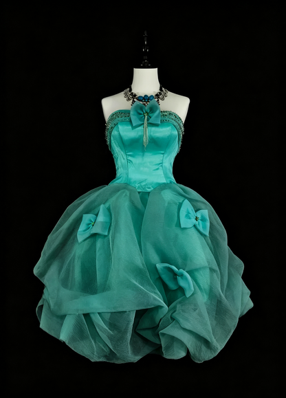 Vintage Green Strapless Tulle Beaded Short Homecoming Dress Cocktail Dress With Bow D4068
