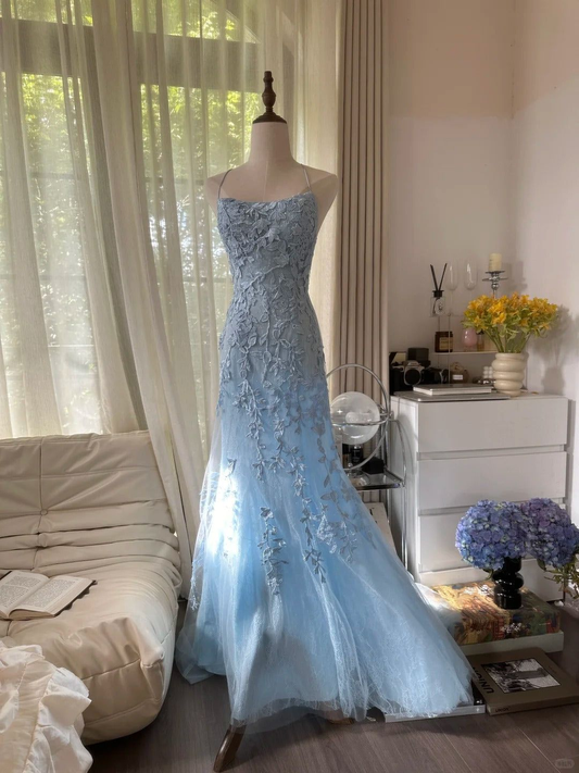 Classy Sky Blue Tulle Appliques Mermaid Long Wedding Guest Dress Evening Dresses D1915