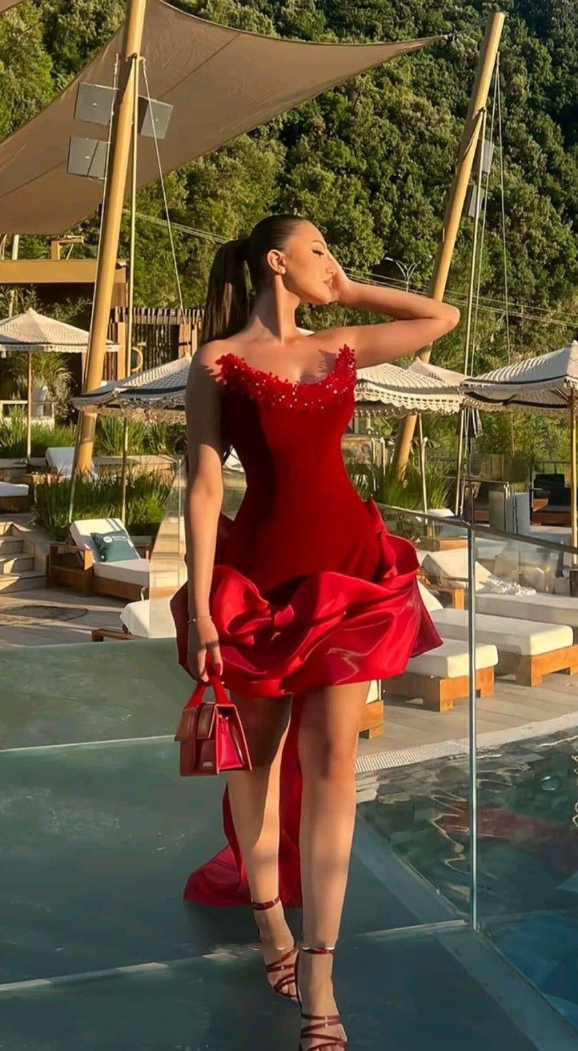 Fashion Strapless Red Satin Short Homecoming Dress Birthday Dress D4582