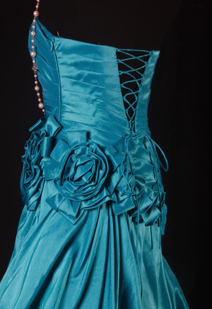 Vintage Strapless Blue Green Satin Pleated Floral Mermaid Long Party Dress Evening Gown D2230