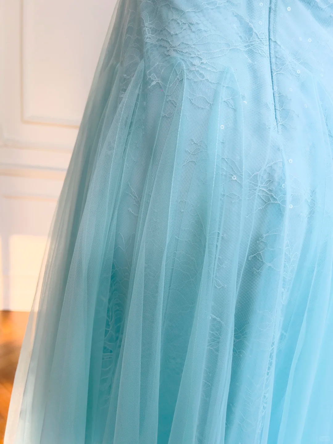 Classy Spaghetti Straps Tulle Lace A Line Evening Dress,Blue Long Wedding Guest Dress D2984