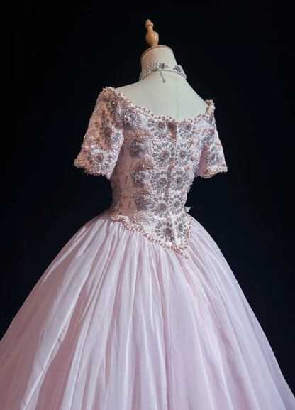 Charming Pink Tulle Lace Beaded Ball Gonn Long Birthady Evening Dress D2070