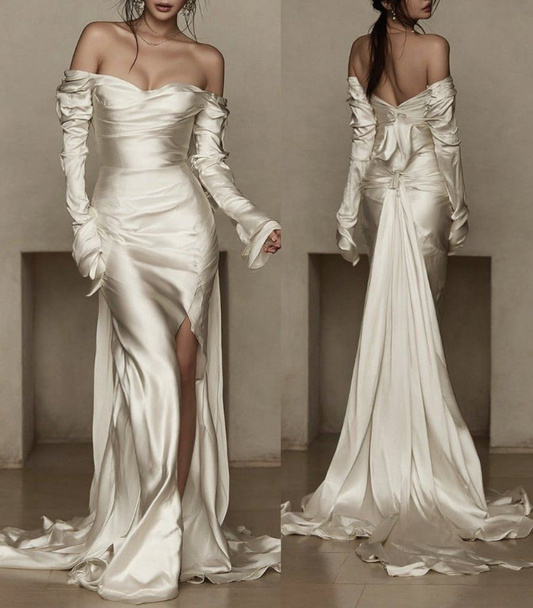 Elegant Off The Shoulder Ivory Satin Pleated Slit Mermaid Long Wedding Dress D1440