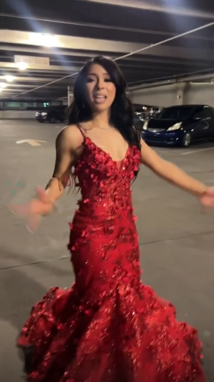 Sexy Spaghetti Straps Tulle Sequin Mermaid Evening Dress Red Long Party Dress D4982